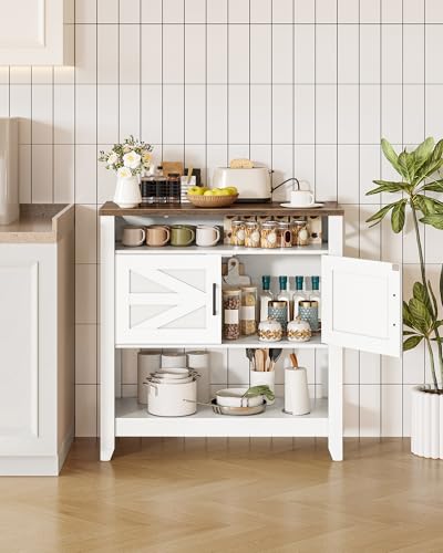 Console Table, Farmhouse Sofa Table with Power Outlet, Coffee Bar Cabinet with Storage, Entryway Table, Coffee Bar Table, for Entrance, Hallway, Kitchen, White and Walnut MXG01UWL