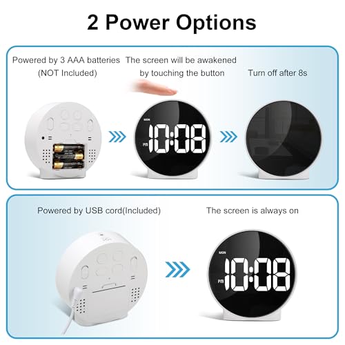 Lafocuse LED White Digital Alarm Clock Battery Operated, Modern Round Digital Clock with 2 Alarms, Snooze, Adjustable Brightness, Curved Screen Design Bedside Alarm Clock for Bedroom Office - color: White