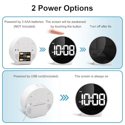 Lafocuse LED White Digital Alarm Clock Battery Operated, Modern Round Digital Clock with 2 Alarms, Snooze, Adjustable Brightness, Curved Screen Design Bedside Alarm Clock for Bedroom Office - color: White