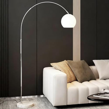 Modern White Arc Floor Lamp for Living Room,77 in Tall | Milk Glass Lampshade,Marble Base,Soft Diffused Glow,Extendable Chrome Arm,Ideal for Couch and Bedroom,Adjustable Height - color: White-Glass