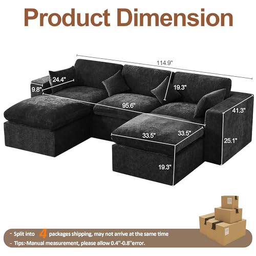 115'' Cloud Boneless Sectional Couch, Modular Sectional Sofa Deep Seat with 2 Ottomans, Oversized Upholstered Convertible Comfy 5 Seater Chenille Sofa U Shape Couches for Living Room, Dark - color: Dark, size: 115"/3 Seater+2 Ottoman