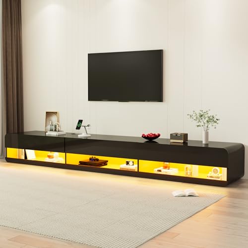 St.Mandyu Floating LED TV Stand for TVs Up to 100 inch, 94.5 inch Modern Entertainment Center with Led Lights & Power Outlet, Wall Mounted Hanging Media Console for Living Room, Black - color: Black