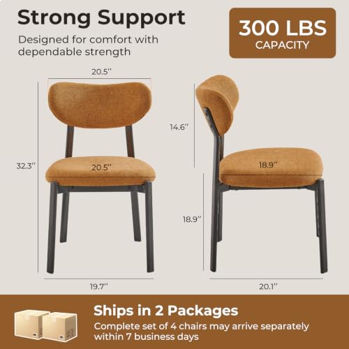 Dining Chairs Set of 4, Modern Upholstered Fabric Kitchen Chairs | Textured Fabric, Curved Back, Upholstered Seat, Metal Frame, Dining Room, Kitchen, Breakfast Nook, Restaurant,Brownish yellow - color: Brownish Yellow, size: Set of 4