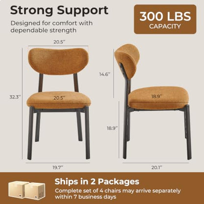 Dining Chairs Set of 4, Modern Upholstered Fabric Kitchen Chairs | Textured Fabric, Curved Back, Upholstered Seat, Metal Frame, Dining Room, Kitchen, Breakfast Nook, Restaurant,Brownish yellow - color: Brownish Yellow, size: Set of 4