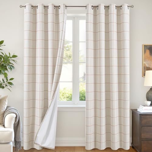 Linen Blackout Curtains for Living Room - Boho Plaid Pattern Thermal Insulated Grommet Cottage Core Window Treatments Rustic Drapes for Farmhouse, 52x84 Inch 2 Panels, Terracotta - color: Terracotta, size: 52"W x 84"L (Pack of 2)