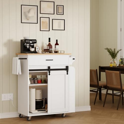 Kitchen Island with Storage, Mobile Kitchen Cart with Charging Station, Kitchen Island on Wheels, Rolling Island Table with Sliding Cabinet Door, White and Natural ZD01UWN - color: White + Natural