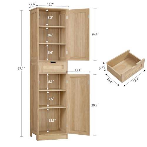 67" H Tall Storage Cabinet with 2 Rattan Doors and 1 Drawer, Narrow Rattan Cabinet with Adjustable Shelves, for Living Room, Entryway, Kitchen, Natural - color: Natural
