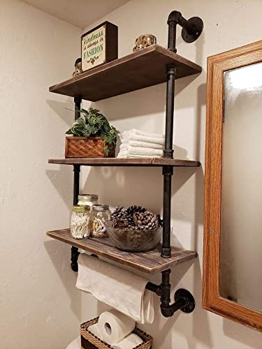 DR.IRON Industrial Pipe Shelving Rustic Bathroom Shelves with Towel Bar, 24" Pipe Shelf Wall Mounted, Farmhouse Bathroom Shelf Storage (3 tier-24) - size: 3-tier shelves