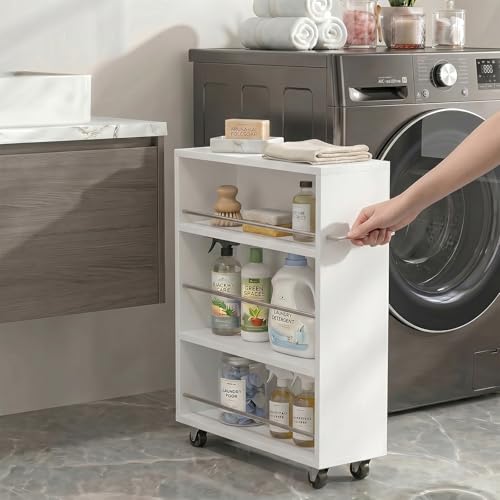ALBAD Slim Rolling Cart,4-Tier Storage Cart with Wheels,7.9”W Slim Storage Cart with Handle for Kitchen Laundry Narrow Places Bathroom Dining Room Small Spaces | 4 adjustable MDF shelves (20 lbs each), 360° casters + side handle, Fits kitchen, laundry, ba