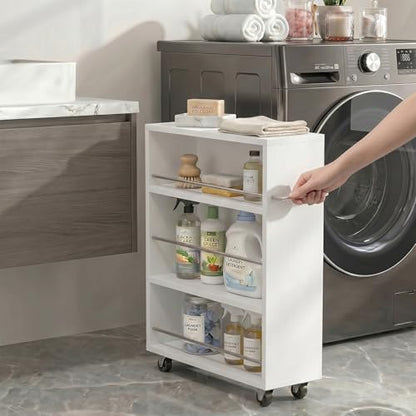 ALBAD Slim Rolling Cart,4-Tier Storage Cart with Wheels,7.9”W Slim Storage Cart with Handle for Kitchen Laundry Narrow Places Bathroom Dining Room Small Spaces | 4 adjustable MDF shelves (20 lbs each), 360° casters + side handle, Fits kitchen, laundry, ba