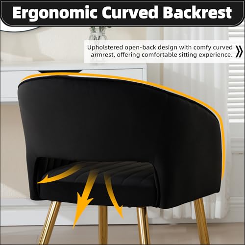 Velvet Home Office Desk Vanity Chair, No Wheels, Gold Legs, Black | Modern Accent Chair with Stylish Stripe Design, Spacious‌ Soft Seat for Girls & Women Bedroom Makeup or Nail Table - color: Black Velvet, No Wheels