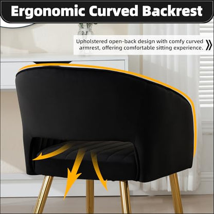 Velvet Home Office Desk Vanity Chair, No Wheels, Gold Legs, Black | Modern Accent Chair with Stylish Stripe Design, Spacious‌ Soft Seat for Girls & Women Bedroom Makeup or Nail Table - color: Black Velvet, No Wheels