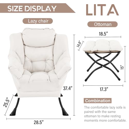 Lazy Chair with Ottoman, Comfy Accent Reading Chair, Beige | Foldable Footrest,Removable Cover,with Armrests and Side Pockets,Upholstered Lounge Chair for Bedroom,Dorm,Office,Small Space - color: Beige