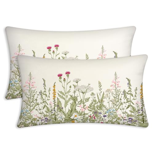 Spring Pillow Covers 12X20 Set of 2, Green Floral Lumbar Throw Pillows | Botanical Rectangle Accent Square Soft Decorative Throw Pillows for Couch Living Room Sofa Bedroom - color: Wild Flowers, size: 20" x 12" (Pack of 2)