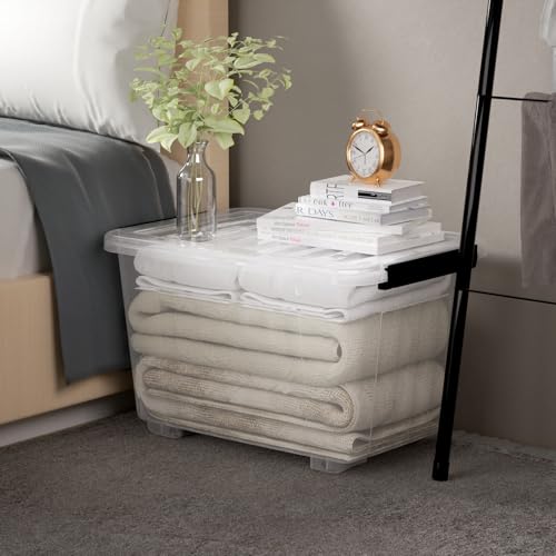 Cetomo 40Qt*4 Plastic Storage Bins, Storage Box, 4 Pack, Organizing Container with Wheels, Durable Lids and Secure Latching Buckles, Stackable and Nestable, Clear with Black Buckle - size: 35L*4