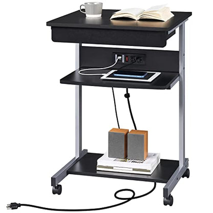 Yaheetech Small Rolling Computer Desk with Power Outlet, Laptop Cart, Black | A Small Rolling Desk with a Power Outlet, 2 USB Ports, a Drawer, and a Shelf Fits a Laptop and Printer into Tight Spaces.