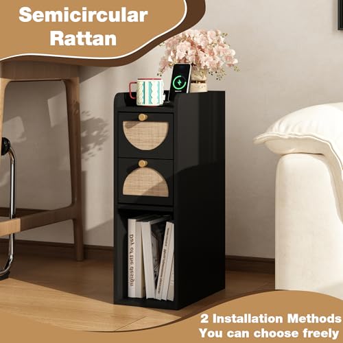 Narrow Nightstand Set of 2 (Rattan & Wood) - Small Bedside Table with 2 Drawers, Open Shelf, Mid Century Modern End Table - for Bedroom, Living Room & Small Spaces, Black - color: Black, size: 7.9"W (2 Pc)