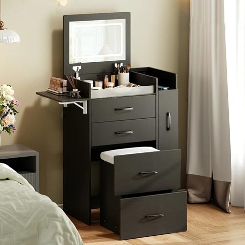 Herture 3 in 1 Vanity Desk with Flip Top Mirror, Comapct Vanity | Small Vanity with Lights,Outlets,Side Cabinet,Collapsible Desk Panel,Storage Hidden Stool,Makeup Vanity Table Black PT01DTB - color: Black