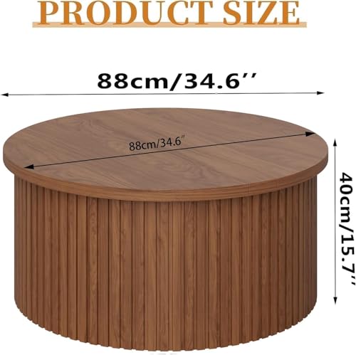 Fsbecl 34'' Round Fluted Lift Top Coffee Table with Hidden Storage, Walnut | Wooden Center Table, Lift Top Coffee Table for Living Room, Home Decor - color: Walnut