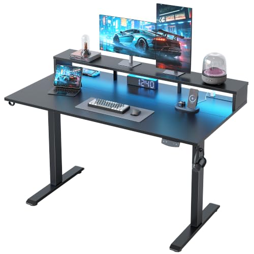 Klicelor Electric Standing Desk with Shelf, 55 Inch Height Adjustable Desk with Power Outlets & LED, Sit Stand Up Table with Monitor Stand, Computer Workstation for Home Office, Black - color: Black, size: 55 x 24 Inches with led and power strips