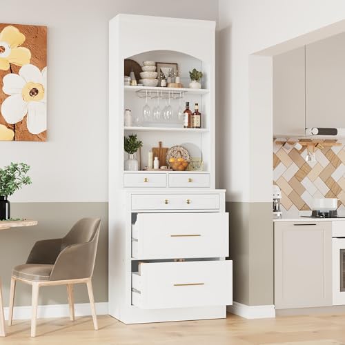 Modern 28.7x17.5x83.7 Inch Tall Kitchen Pantry Cabinet, Freestanding Hutch with Faux Marble Top, 5 Drawers & Adjustable Shelf, Glass Holders, Space-Saving Storage for Kitchen/Dining Room (1, White) - color: White