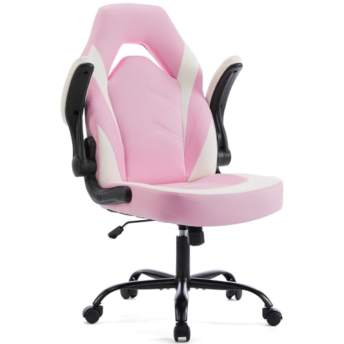 Sweetcrispy Computer Desk Chair, Lumbar Support Video Game Chair PU Leather | Ergonomic Comfy, PU Leather, Flip-up Armrest, Height Adjustable, 360 Swivel, White Pink - color: White Pink