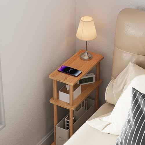 Apicizon Narrow Side Table with Fabric Basket, 3-Tier End Table, Natural | Sofa Side Table, Wood Storage Shelf, Slim Nightstand, Skinny Bedside Table for Narrow Spaces, Living Room, Bedroom - color: Natural, style: Narrow Side Table with Basket