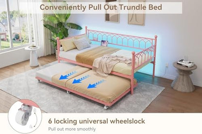 IDEALHOUSE Twin Daybed with Trundle, Day Bed with Charging Station and LED Lights, Heavy Duty Metal Bed Frame, Metal Sofa Bed Frame with Steel Slat Support for Living Room, Bedroom, Apartment, Pink | Charging Station, LED Lights, Pull-Out Trundle, Space-S
