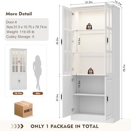 Kitchen Pantry Storage Cabinet with LED Lights, 78.7" Tall with Glass Doors & Drawers, Freestanding Utility Cabinet, White (31.5" W x 15.7" D) - color: White, size: 4 Doors