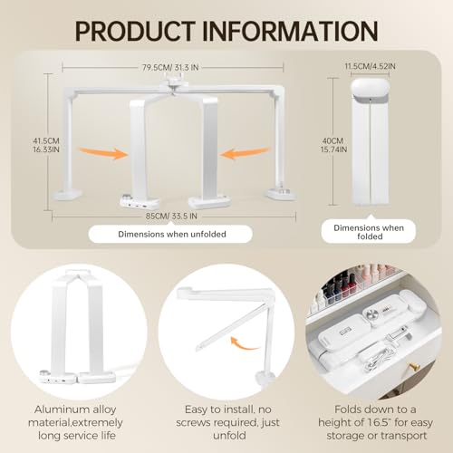 33.5" Foldable Nail Desk Lamp, 3350LM Half Moon Light for Nail Desk | 456LEDs, 3 Color Modes, 3000K-6000K Professional Manicure Table Lamp with Phone Holder for Nail Tech Salon