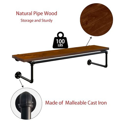 Clothes Rack 42in, Wall Mounted Garment Racks with Real Walnut Wood Shelf, Heavy Duty Hanging Clothes Rack, Multi-Purpose Hanging Rod, Space-Saving Closet Storage - color: Walnut, size: 1T42IN
