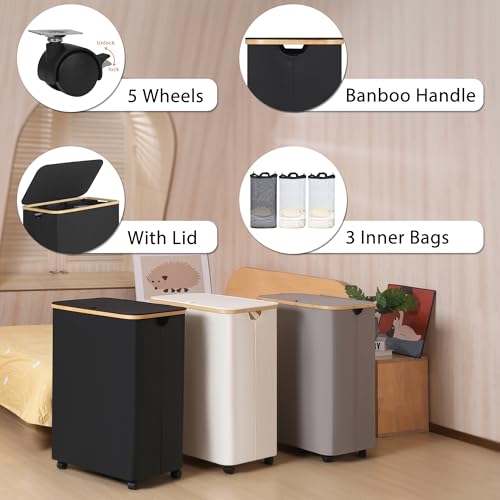 IEGrow Laundry Hamper with Lid,160L Laundry Basket with 3 Mesh Bags,Black | Dirty Clothes Hamper Basket with Bamboo Handle for Clothes Towels - color: Black, size: 160L