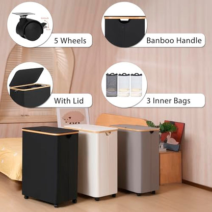 IEGrow Laundry Hamper with Lid,160L Laundry Basket with 3 Mesh Bags,Black | Dirty Clothes Hamper Basket with Bamboo Handle for Clothes Towels - color: Black, size: 160L