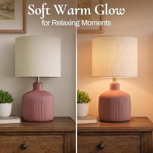 Ceramic Table Lamp, 17.75" Rustic Farmhouse Bedside Lamp with Beige Linen Shade, Warm Ambient Nightstand Lighting for Bedroom or Living Room, Painted Terra - color: Terracotta