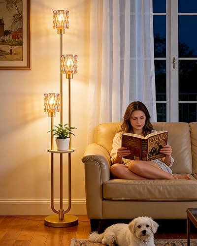 62IN Gold Floor Lamp with Amber Glass Shade 3-Lights Mid-Century Modern Farmhouse Floor Lamps with 3000K Warm White Bulbs, Tall Standing Lamp 5Lbs Heavy Base for Living Room/Bedroom/Corner - color: 3 Amber Cylinder -Gold