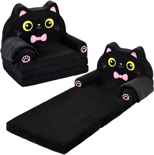 Foryoomi Kids Couch, 2-in-1 Soft Toddler Couch Fold Out with Blanket, Chair Comfy, Foldable Convertible Plush Sofa, Gifts for Kids Girl Boys, Black Cat - color: Black