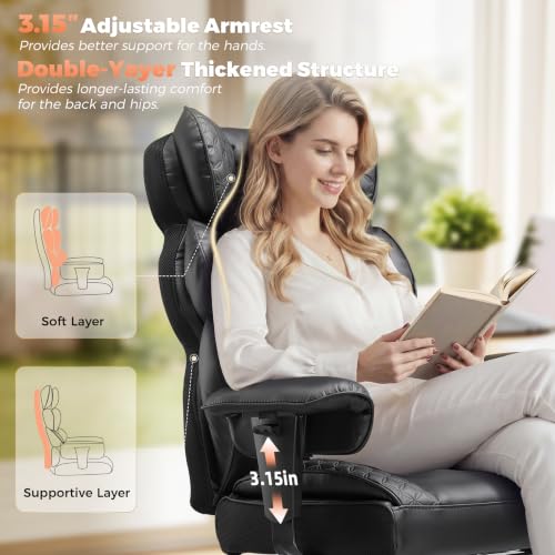 COMHOMA Big and Tall Office Chair with Upgrade Footrest, Heavy Duty Gaming Chair High Back Executive Chair with Spring Lumbar Support for Lower Back Pain Relief, 150°Reclining Adjustable Armrests - color: Luxury Black