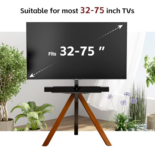 Tripod Easel TV Stand for Most 32-75 Inch LED LCD Screens,Corner TV Stand | Height-adjustable Modern TV Floor Mount Swivel with Soundbar Shelf for Bedroom/Living Room,MAX VESA 600x400mm,Walnut - color: Walnut