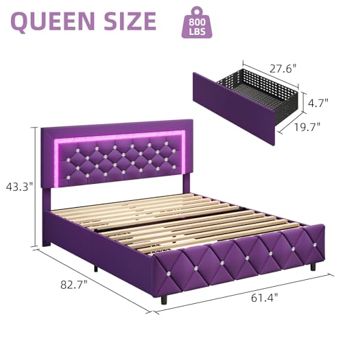 BarnFurin Queen Size Bed Frame with Headboard, Faux Leather Upholstered Bed with Diamond Tufted Design, Mordern Bed Frame with Wooden Slats Suppor, No Box Spring Required, Easy Assembly, Purple - color: Purple, size: Queen