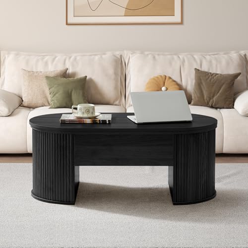 QHITTY Fluted Coffee Table with Lifting Top, Oval Wood Lift Top Coffee Table with Hidden Compartment, Mid Century Pull up Center Tables for Living Room, Office - Black - color: Round Table-black