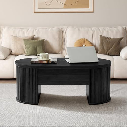 QHITTY Fluted Coffee Table with Lifting Top, Oval Wood Lift Top Coffee Table with Hidden Compartment, Mid Century Pull up Center Tables for Living Room, Office - Black - color: Round Table-black