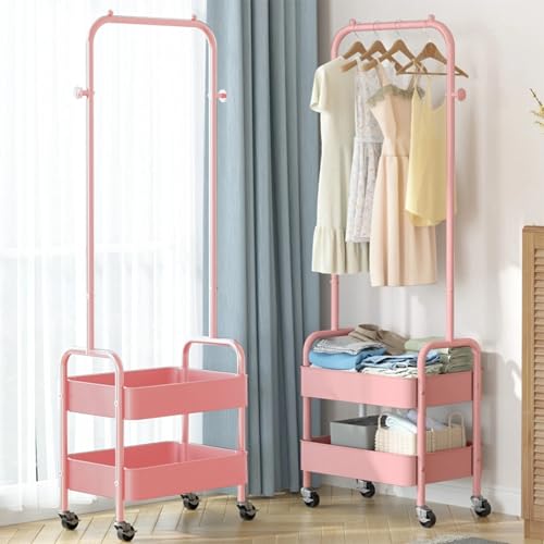 Freestanding Rack For Hanging Clothes With Shoe Storage - 26.37”W x 11.81”L x 62.59”H Heavy Duty Metal Clothes Rack On Wheels, Closet Organizer Shelves For Garment Hanging Hat, Coats (Pink) - color: Pink