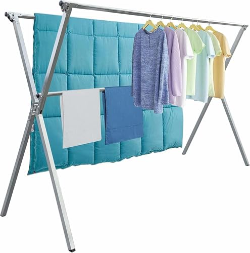 AZK Clothes Drying Rack Foldable Portable Design | Heavy duty Stainless steel Adjustable Drying Rack For Blanket King size No assembly With 20 Windproof Hooks - size: 65.55 inches