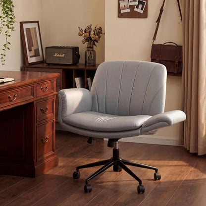 Dowinx Criss Cross Chair with Five-Level Adjustable Arms and Wheels - Comfortable Ergonomic PU Leather Swivel Vanity Chair - Computer Makeup Gaming Chair for Home Office, Bedroom, Vanity Room (Grey) - color: Steel Grey
