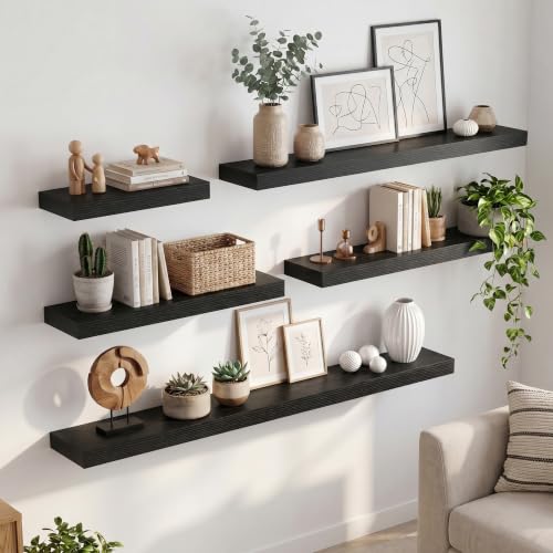 8 inch Deep Floating Shelves for Wall, 36" Wide, Black Finish, 2-Pack | Engineered Wood Wall Shelves with Invisible Brackets for Living Room, Bedroom, Bathroom, Office & Kitchen Storage - color: Black Finish, size: 36"W x 8"D, 2p
