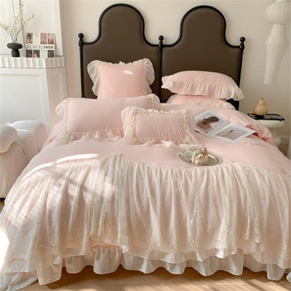 IHOUSTRIY Lace Duvet Cover Queen Size, Chiffon Ruffled Beddding Set with Flower, 3 Pieces Comforter Cover Set with Zipper Closure, Girl Princess Bedding with Pillowcase - Pink, Queen - color: Pink, size: Queen
