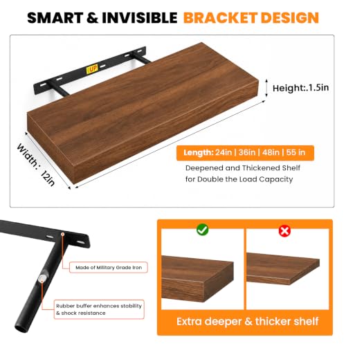 RICHER HOUSE 55Inch Long Floating Shelves, 12" Deep Wood Wall Shelf, Walnut | Wide Wall Shelves for Bedroom Kitchen Bathroom Wall Mounted Shelves, Wooden Bookshelf with Invisible Bracket, Walnut, 2 Pack - color: Walnut, size: 55in