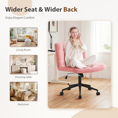 Furnimart Swivel Criss Cross Legged Chair with Wheels for Home Office, Wide Armless Desk Chair Height Adjustable Comfy Seat for Desk,Vanity, Bedroom, Faux Fur Pink - color: Faux Fur-pink