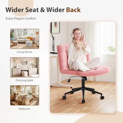 Furnimart Criss Cross Chair with Wheels, Cross Legged Office Chair, Wide Armless Desk Chair, Adjustable Swivel Faux Fur Criss Cross Office Chair with Thick Cushion for Home Office Bedroom Vanity - color: Faux Fur-pink