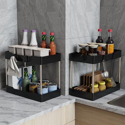 3 Pack Under Sink Organizer Bathroom and Storage Cabinet (Black) | 2 Tier with Hanging Cups for Kitchen - color: Black